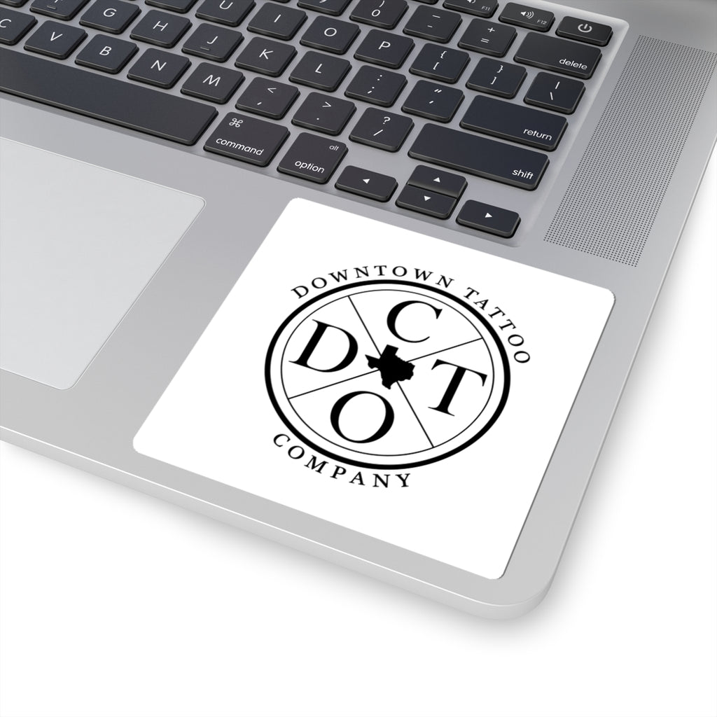 DTC round white decal shown at 4 by 4 inches