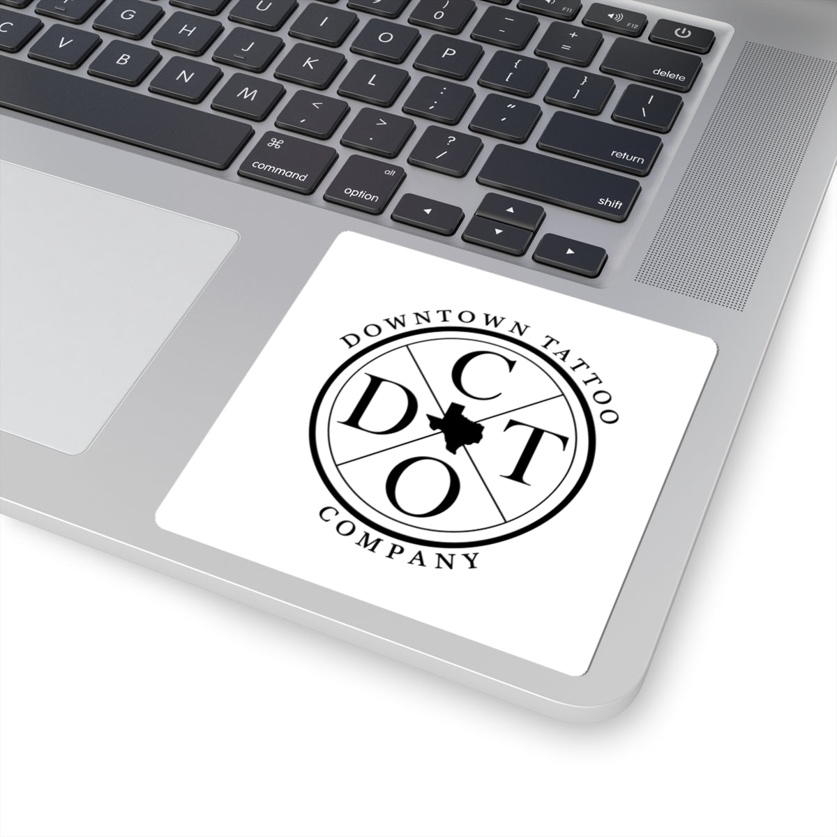 DTC round white decal shown at 4 by 4 inches