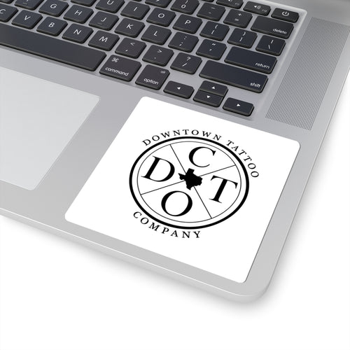 DTC round white decal shown at 4 by 4 inches