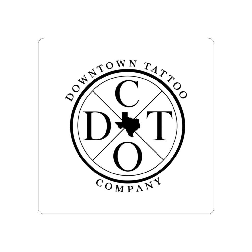 DTC round white decal close-up