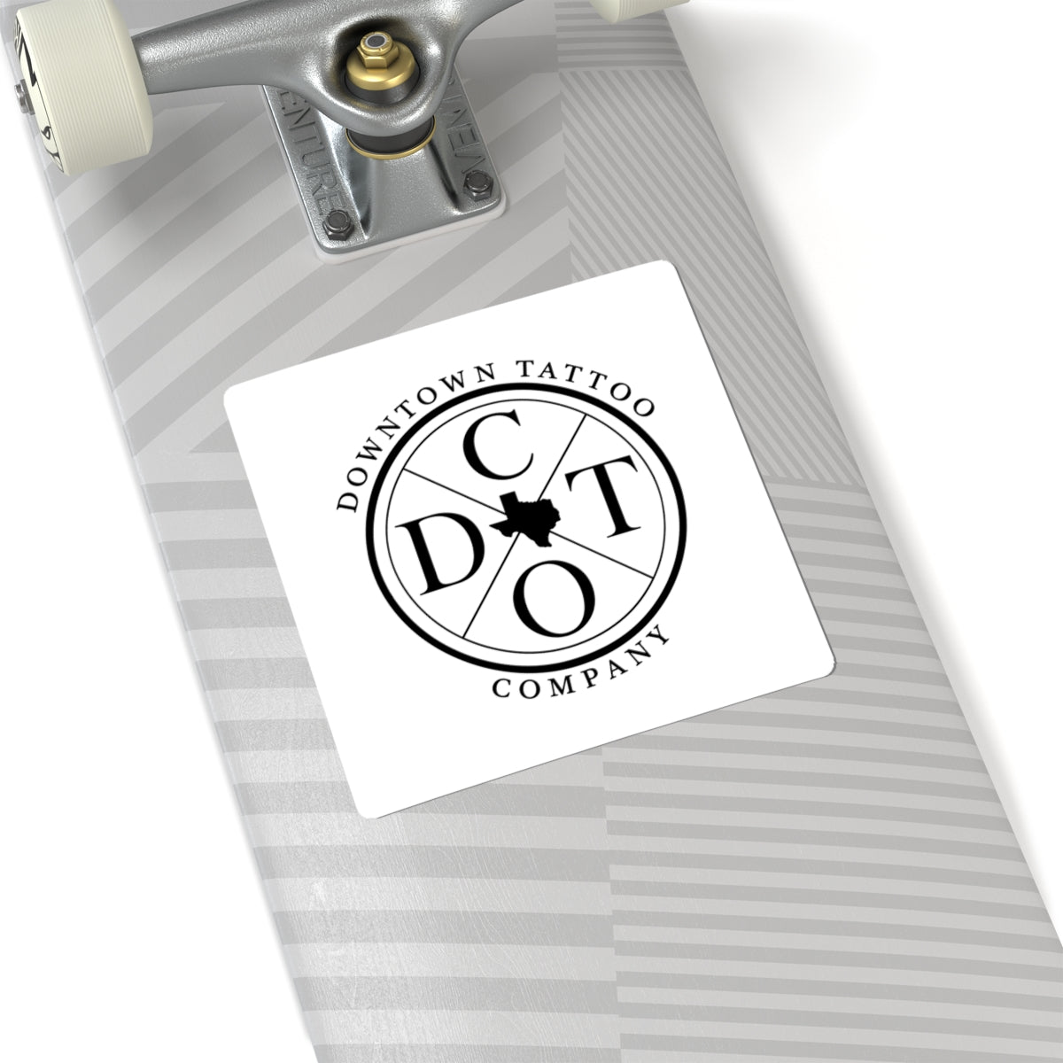 DTC round white decal shown at 6 by 6 inches