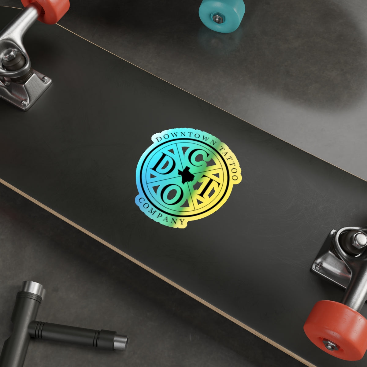 DTC round holographic decal shown at 5 by 5 inches
