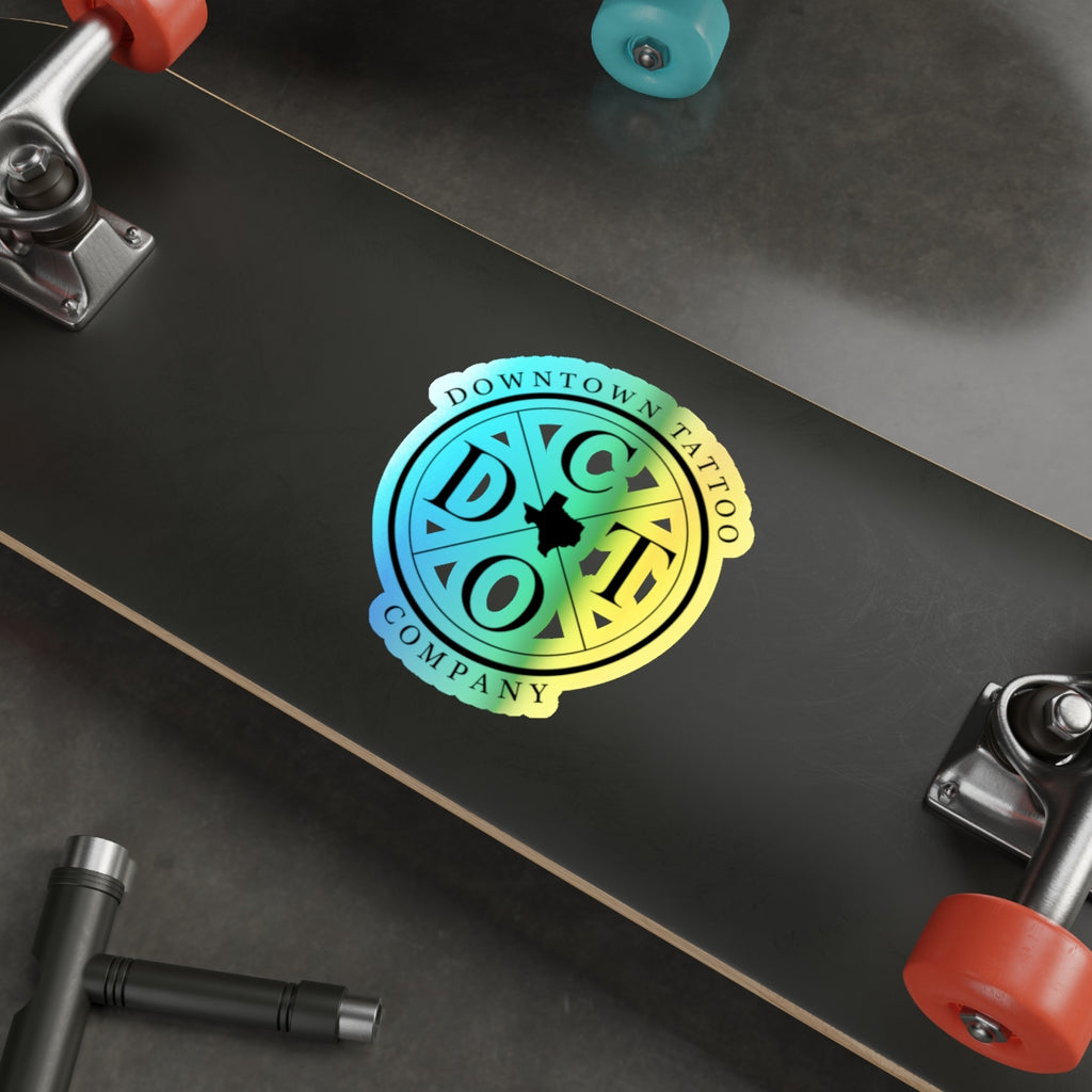 DTC round holographic decal shown at 6 by 6 inches