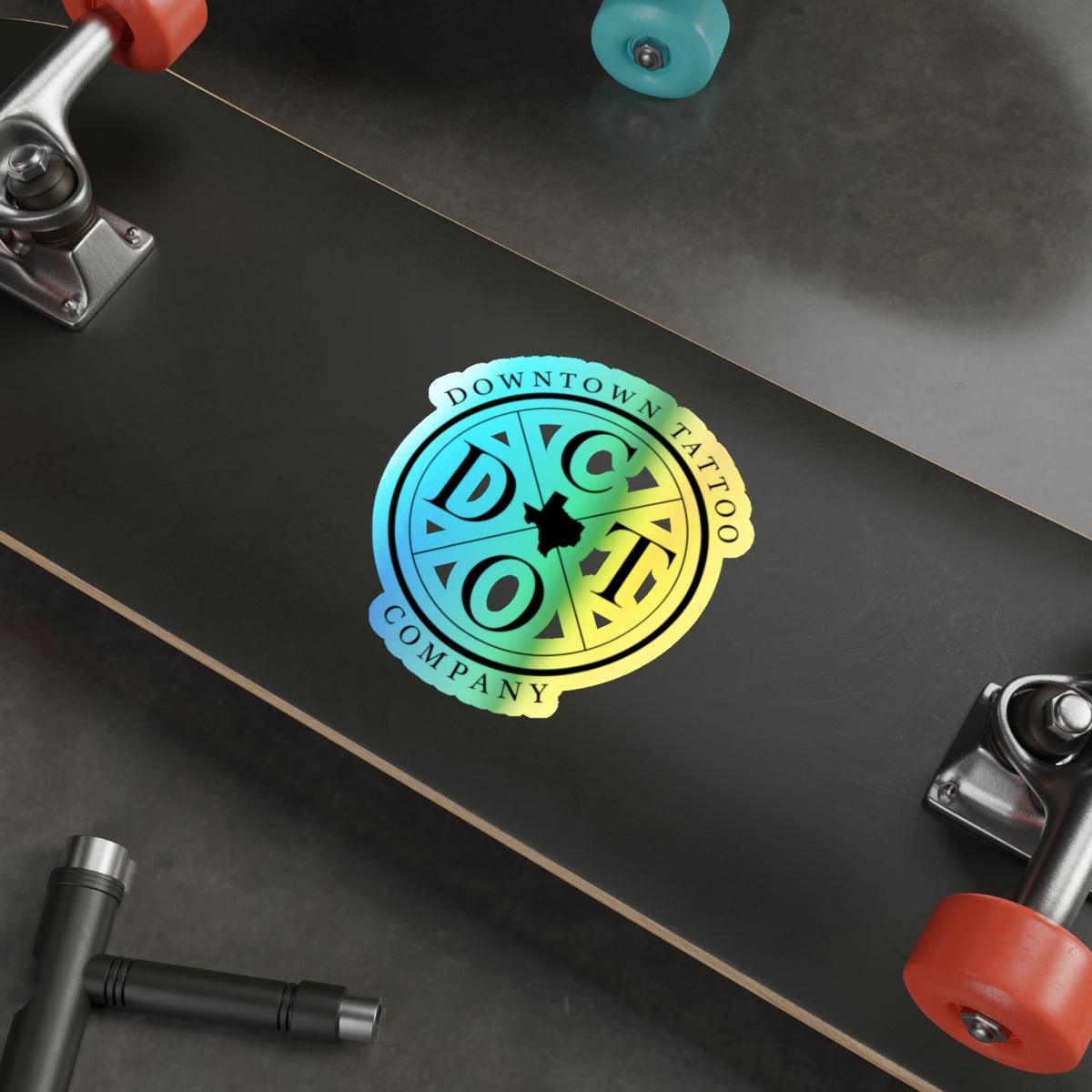 DTC round holographic decal shown at 6 by 6 inches