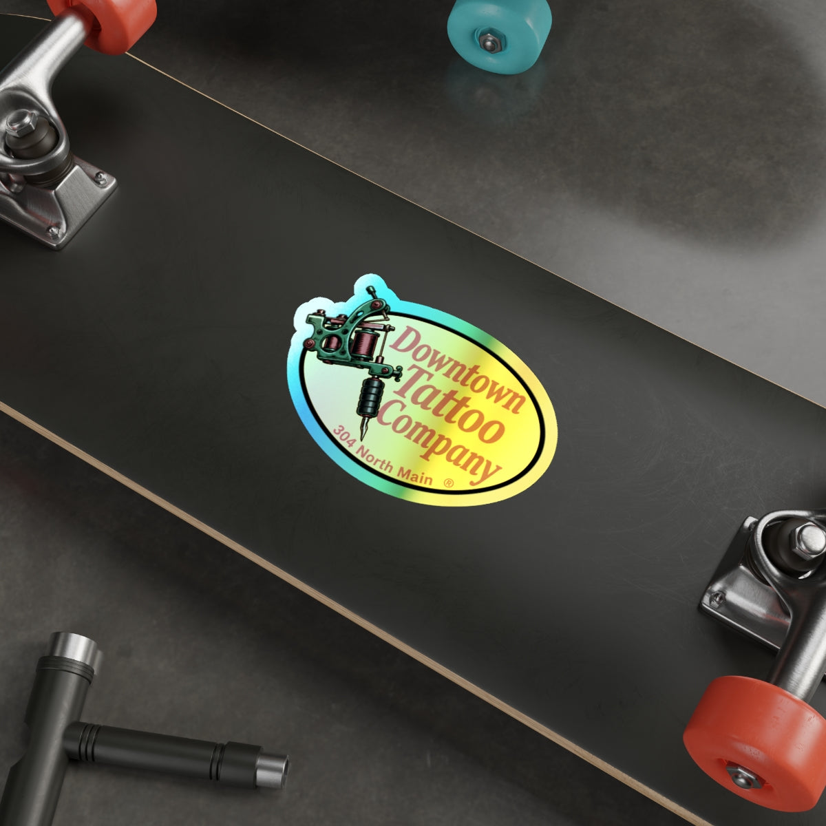 DTC vintage holographic decal shown at 6 by 6 inches